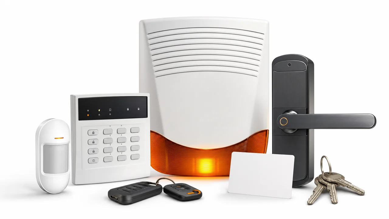 Alarm Sistemleri ürününü anlatan alarm sensörü ve siren güvenliği kompozisyonu